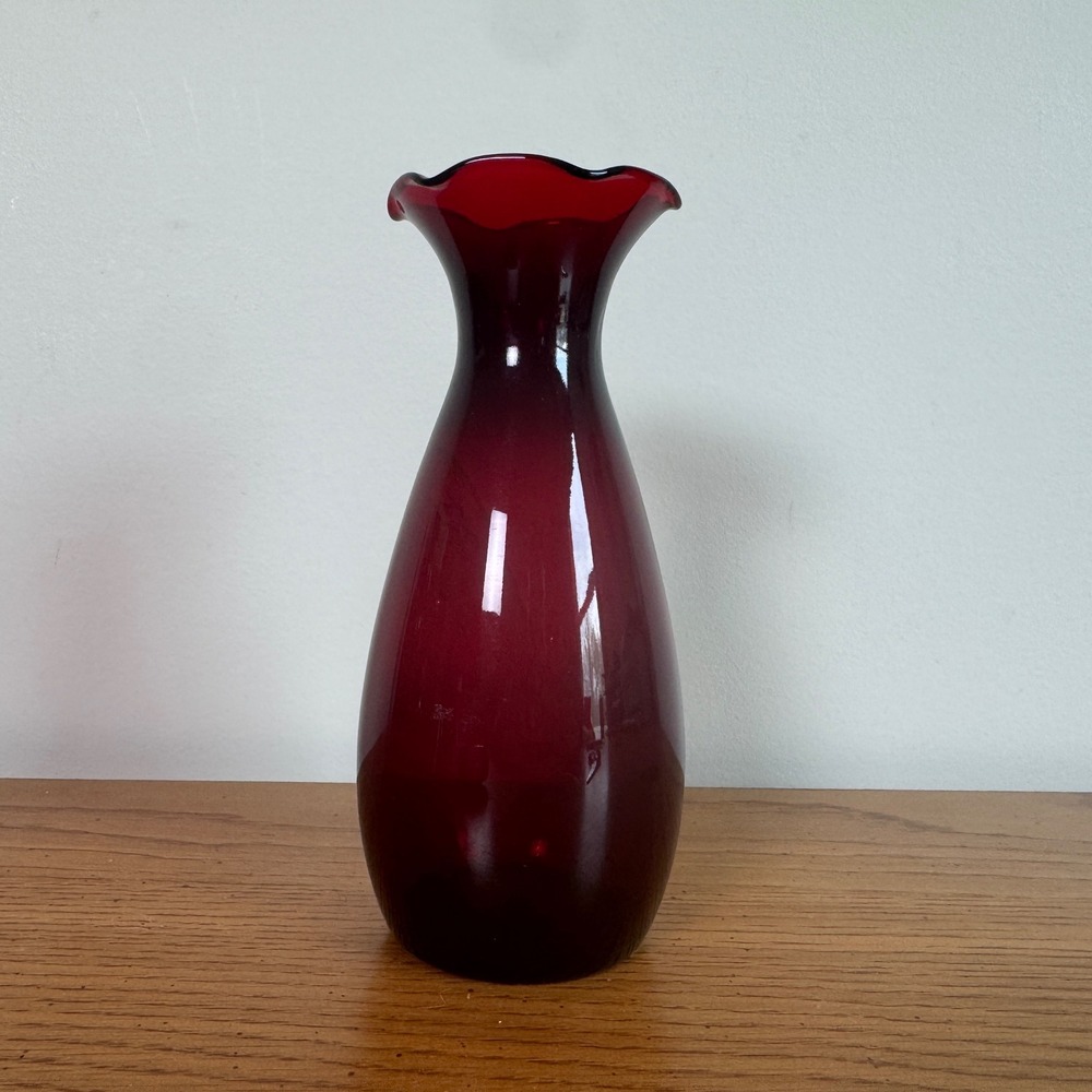 Anchor Hocking Royal Ruby Red Glass Ruffled Bud Vase Vintage MCM 7.25 Inch